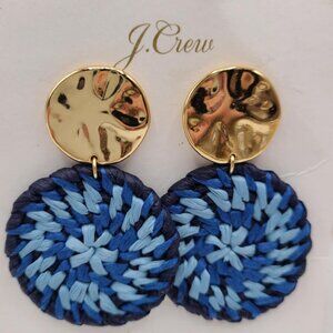 J Crew Large Gold Plated Disc with Blue Raffia Drop Earrings NWT!  NEW!